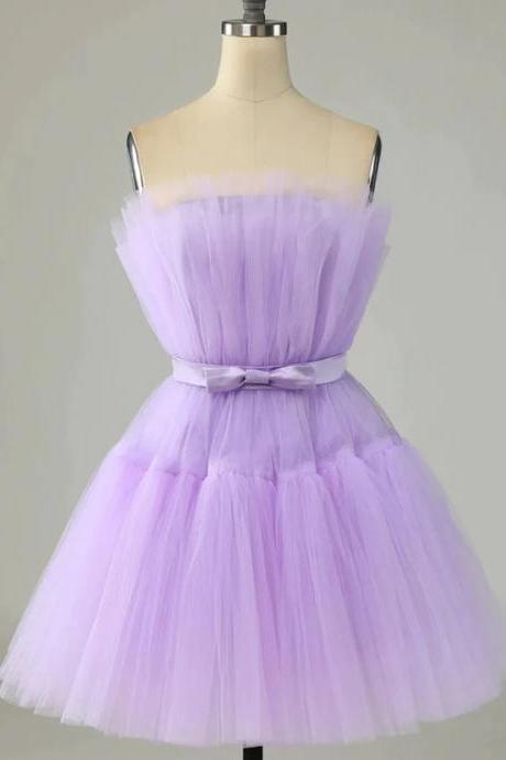 Homecoming Dresses,short Purple Strapless Tulle Prom Dresses