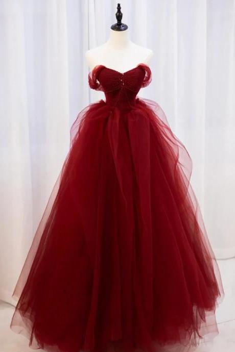 Prom Dresses,burgundy Off Shoulder Tulle Lace Long Prom Dresses