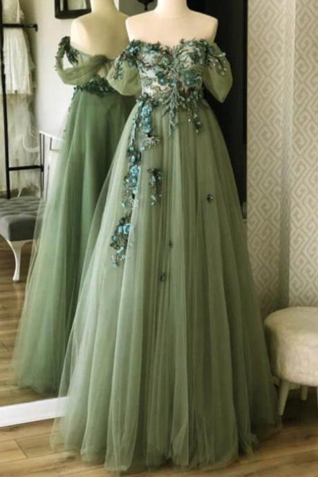 Prom Dresses,olive Green Prom Dresses, Off The Shoulder Prom Dress, Applique Prom Dresses