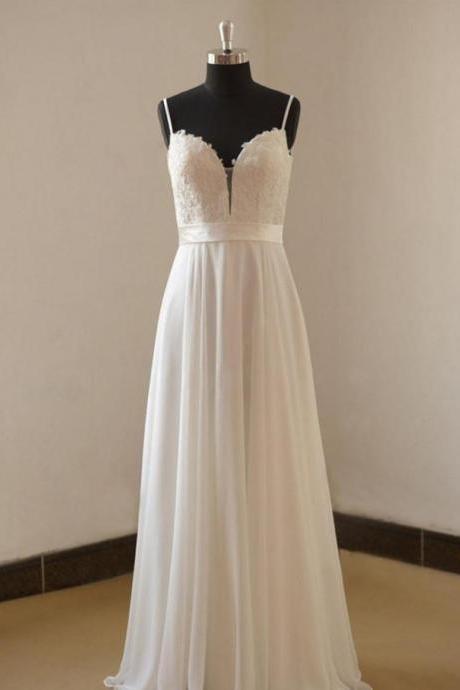 Prom Dresses,a-line Thin Straps Wedding Long Wedding Dresses,white Chiffon Wedding Dresses
