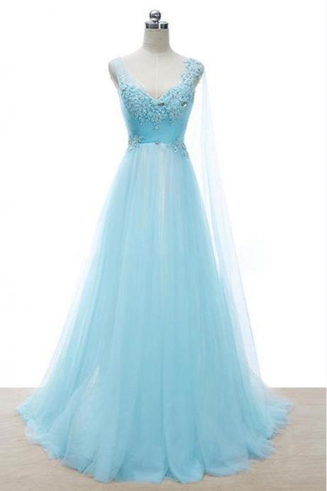 Prom Dresses,light Blue Tulle Sequins Lace V-neck A-line Long Dresses