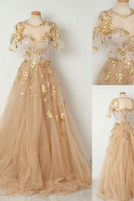 Prom Dresses,champagne Tulle Long Prom Dress Short Sleeves Prom Dresses