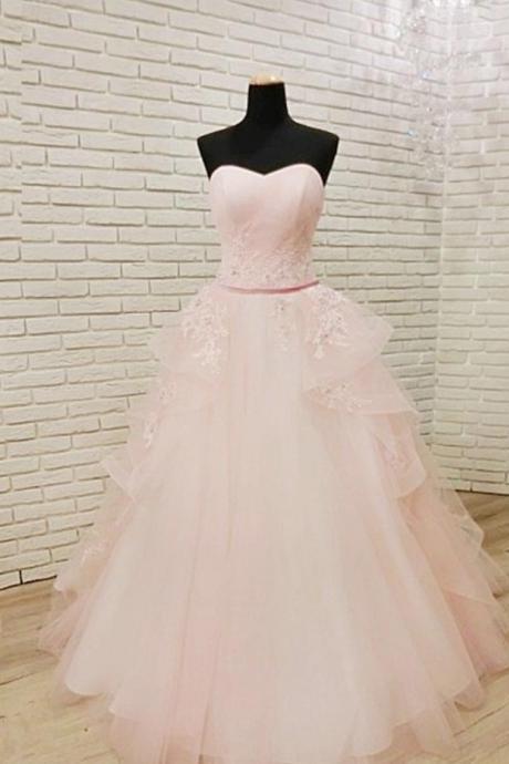 Prom Dresses,amazing Tulle Floor Length Strapless Pink Prom Dress ,lace Applique Prom Dresses With Belt