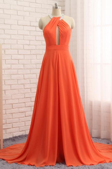 Prom Dresses,orange Hijab Evening Dresses With Hole On The Chest Halter Sleeveless Chiffon