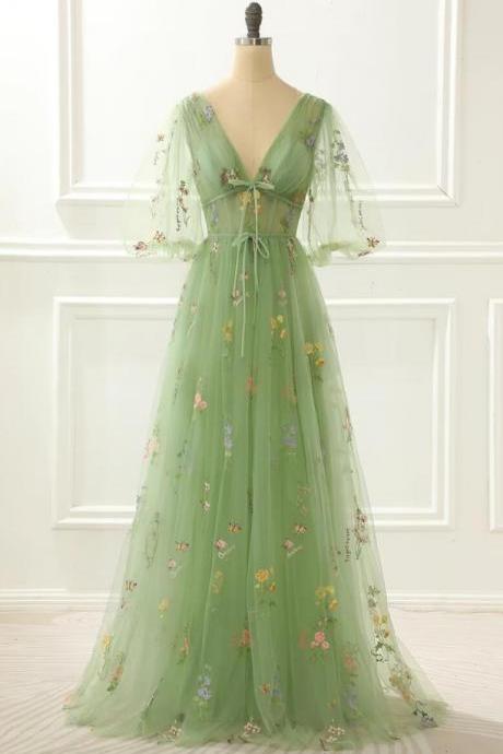Prom Dresses,a Line Sweetheart V Neck Long Prom Dresses A-line Embroidery Green Prom Dress
