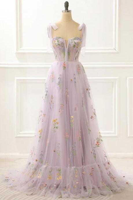 Prom Dresses,evening Party Dress A-line Embroidery Lilac Prom Dress