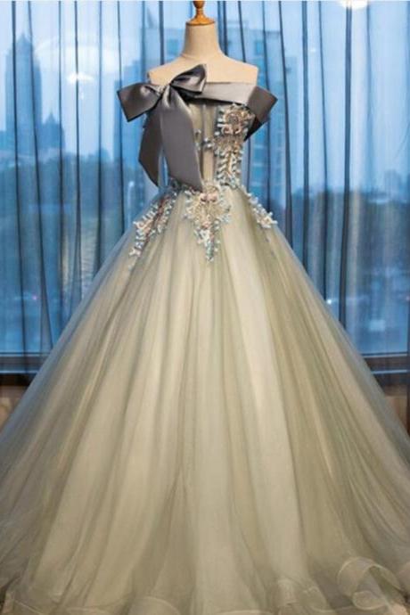 Prom Dresses,lace Applique Gray Long Strapless Evening Gowns