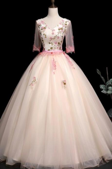 Prom Dresses,unique Pink Tulle V Neck Long Lace Applique Evening Dress With Mid Sleeve