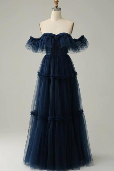 Prom Dresses,a-line Off The Shoulder Sweetheart Tulle Evening Dress Navy Long Prom Dress