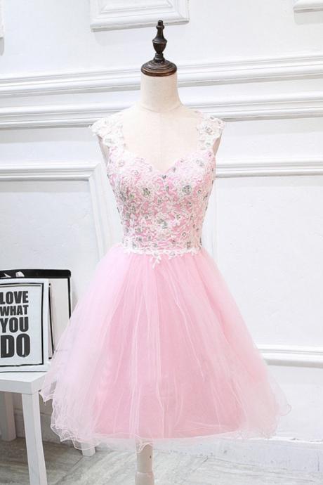 Homecoming Dresses,pink Tulle Lace Sweetheart A-line Cocktail Dress, Pink Short Prom Dress