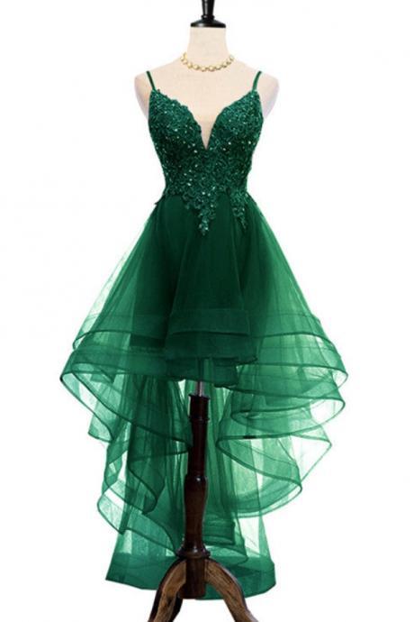 Homecoming Dresses,dark Green High Low Evening Party Dress Prom Dress V Neck Straps Homecoming Dress