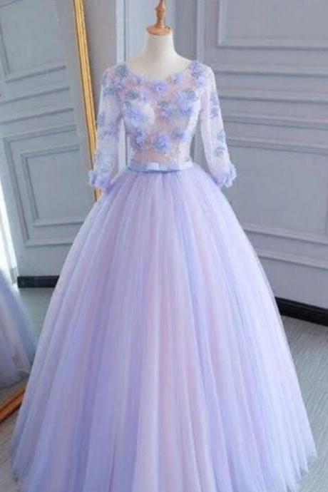 Prom Dresses,unique Lavender Tulle Mid Sleeve Long A-line Lace Appliqué Evening Dress