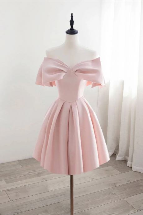 Homecoming Dresses,a-line Off Shoulder Satin Pink Short Prom Dress, Pink Homecoming Dress