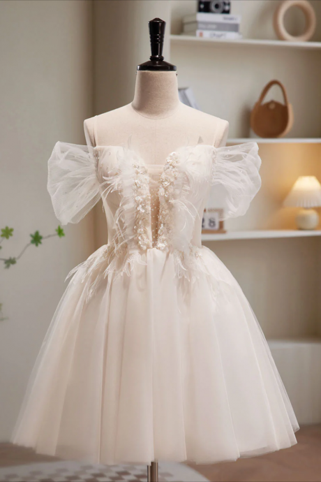 Homecoming Dresses,a-line Off Shoulder Tulle Short Beige Prom Dress, Cute Homecoming Dress