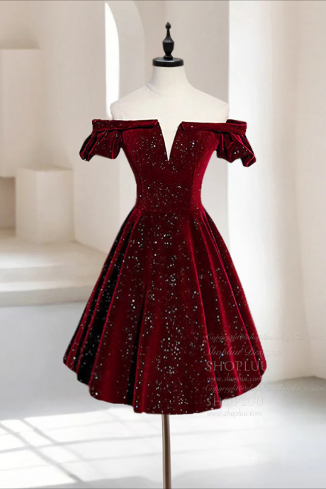Homecoming Dresses,a-line Off Shoulder Velvet Burgundy Short Prom Dress, Burgundy Homecoming Dress