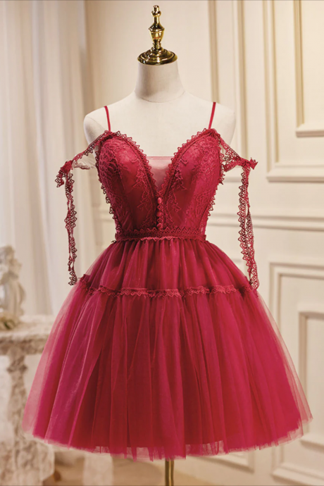 Homecoming Dresses,a-line Burgundy Lace Short Prom Dress, Burgundy Puffy Homecoming Dresses