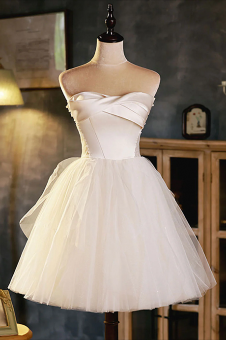 Homecoming Dresses,white Sweetheart Neck Tulle Short Prom Dress, Light Champagne Homecoming Dress