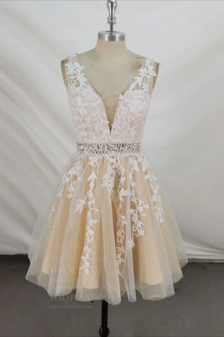 Homecoming Dresses,champagne V Neck Tulle Lace Short Prom Dress Champagne Homecoming Dress