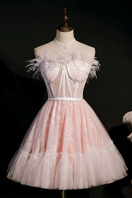 Homecoming Dresses,pink Sweetheart Neck Tulle Lace Short Prom Dress, Puffy Pink Homecoming Dress