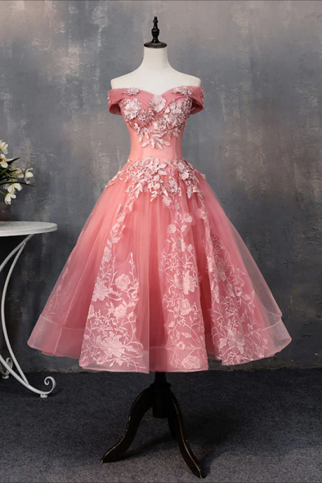 Homecoming Dresses,pink Tulle Lace Off Shoulder Short Prom Dress Pink Homecoming Dress