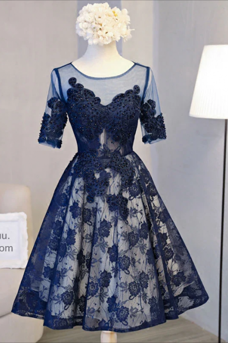 Homecoming Dresses,cute Dark Blue Lace Short Prom Dress, Blue Homecoming Dress