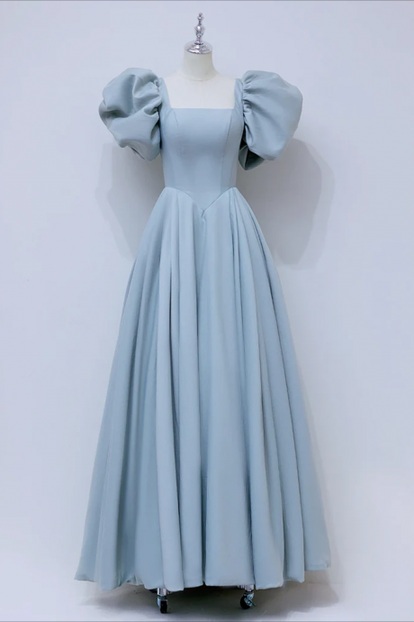 Prom Dresses,a-line Puff Sleeves Long Blue Prom Dress, Square Neckline Blue Long Formal Dress