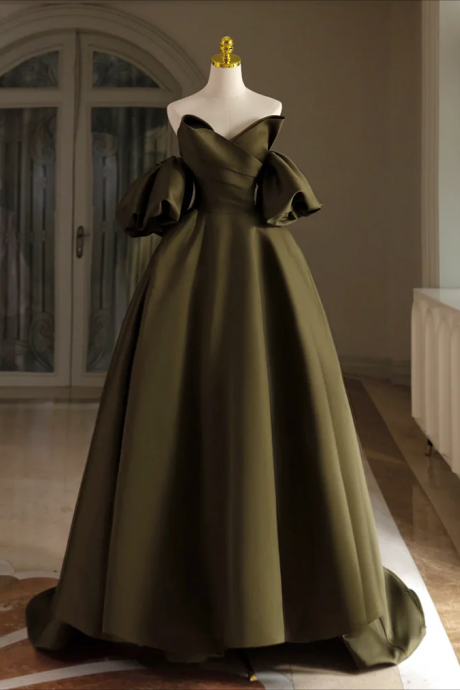 Prom Dresses,a-line Puff Sleeves Olive Green Satin Long Prom Dress, Olive Green Long Formal Dress