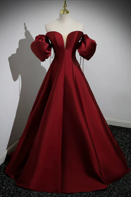 Prom Dresses,a-line Puff Sleeves Satin Burgundy Long Prom Dress, Burgundy Long Formal Dress