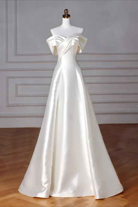 Prom Dresses,a-line Off Shoulder Satin Beige Long Prom Dress, Beige Long Formal Dress
