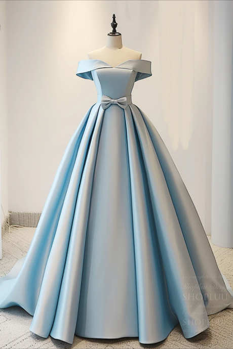 Prom Dresses,a-line Off Shoulder Satin Blue Long Prom Dress, Blue Long Evening Dress