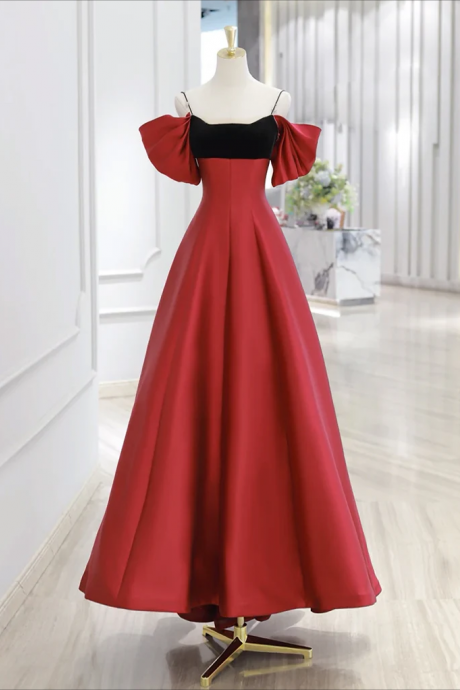 Prom Dresses,a-line Off Shoulder Satin Dark Red Long Prom Dress, Red Long Formal Dress