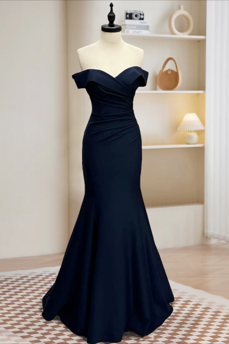 Prom Dresses,mermaid Satin Dark Blue Long Prom Dress, Dark Blue Long Formal Dress