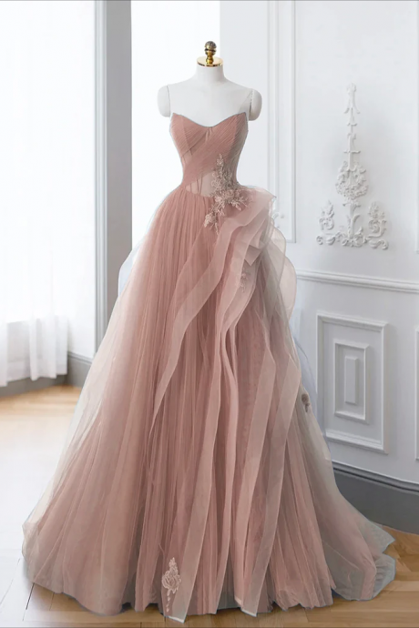 Prom Dresses,pink A-line Off Shoulder Long Prom Dress, Pink Lace Long Evening Dress