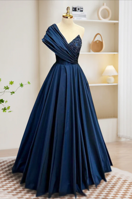 Prom Dresses,a-line One Shoulder Satin Beads Dark Blue Long Prom Dress, Blue Long Evening Dress