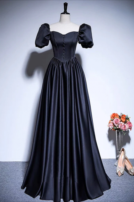 Prom Dresses,a-line Satin Puff Sleeves Black Long Prom Dress, Black Long Evening Dress