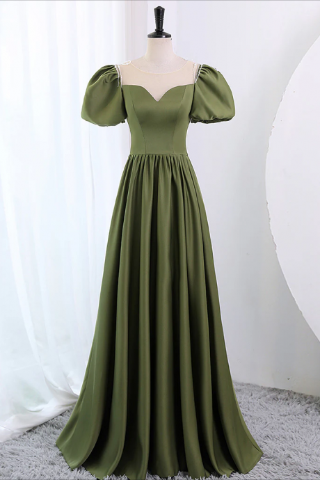 Prom Dresses,a-line Scoop Neckline Puff Sleeves Satin Long Green Prom Dress, Green Formal Dress