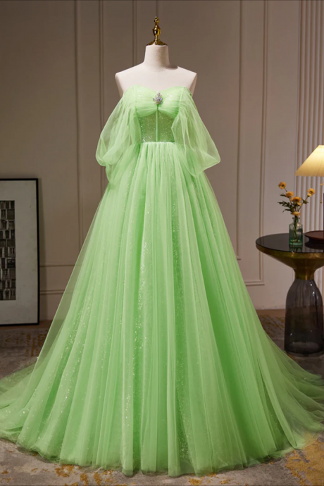 Prom Dresses,a-line Sweetheart Neck Tulle Green Long Prom Dress, Green Tulle Long Evening Dress