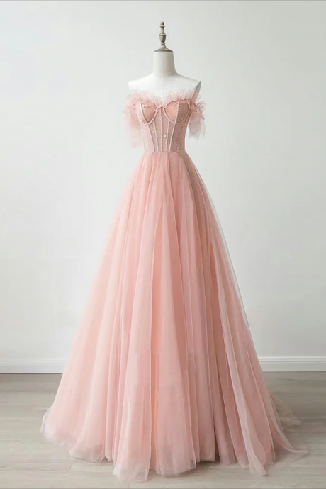 Prom Dresses,a-line Sweetheart Neck Tulle Lace Pink Long Prom Dress, Pink Formal Dress