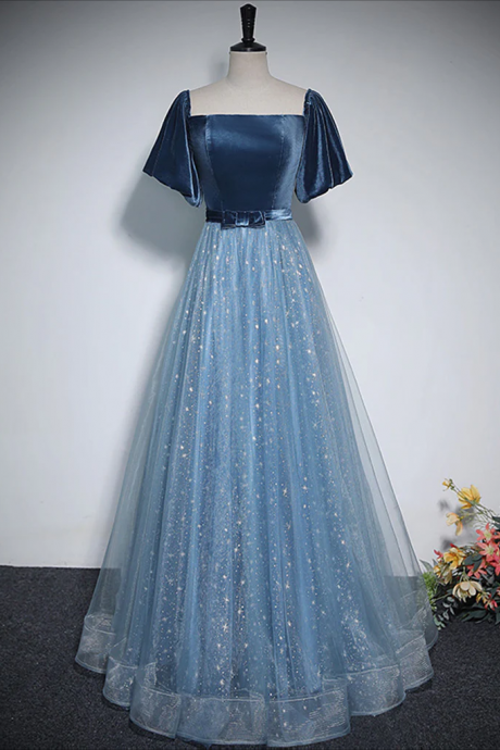 Prom Dresses,a-line Tulle Velvet Blue Long Prom Dress, Blue Tulle Formal Dress