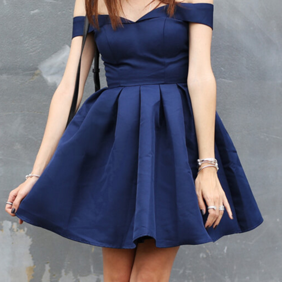Cheap Off Shoulder Short Sleeve Navy Homecoming Dresses 2018, CM456