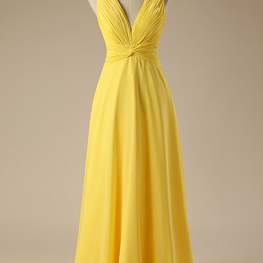 Elegant Bridesmaid Dress Yellow Vneck Chiffon Long Bridesmaid Dresses