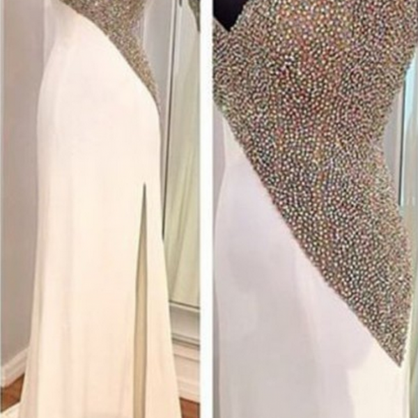 Mermiad Tulle Beaded Champagne Prom Dress With Slit LBQ3136 main image 0