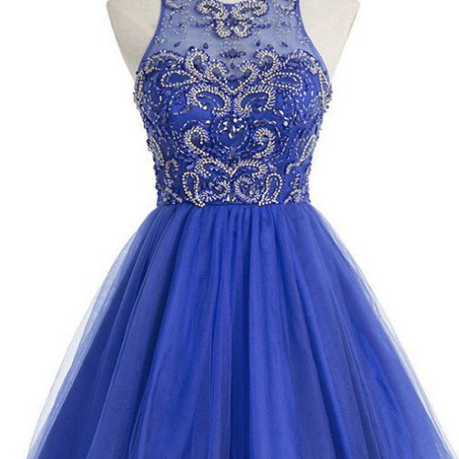 Sleeveless Blue Tulle Homecoming Dresses A Line Beadings Mini Jewels ...