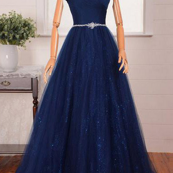 Blue Long A-line Off-the-shoulder Beading Tulle Prom Dresses Prom Gowns ...