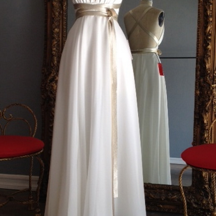 Gold Satin Belt Prom Dresses,white Chiffon Prom Dress,evening Dresses on  Luulla