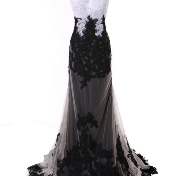 Black Mermaid Evening Dress Pearl Lace Perspective Women's Long Gown