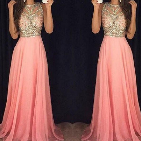 Pretty A line Halter Sleeveless Pink Chiffon Prom Dresses Long Evening Dress main image 0
