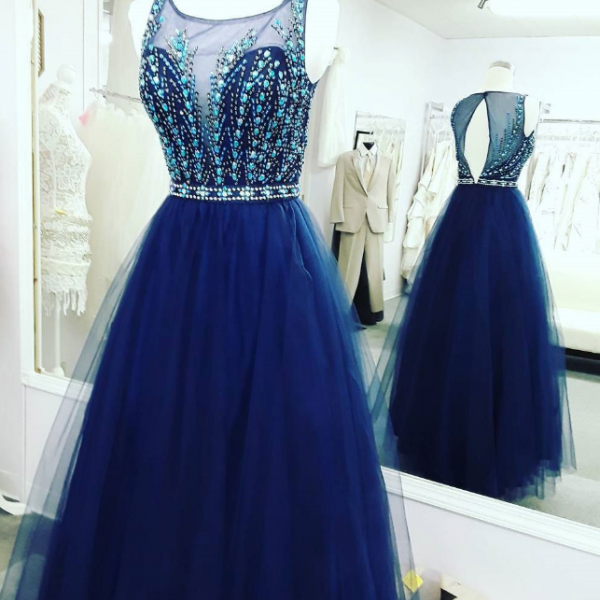 Gorgeous Royal Blue Tulle Long Prom Dress With Beads Online