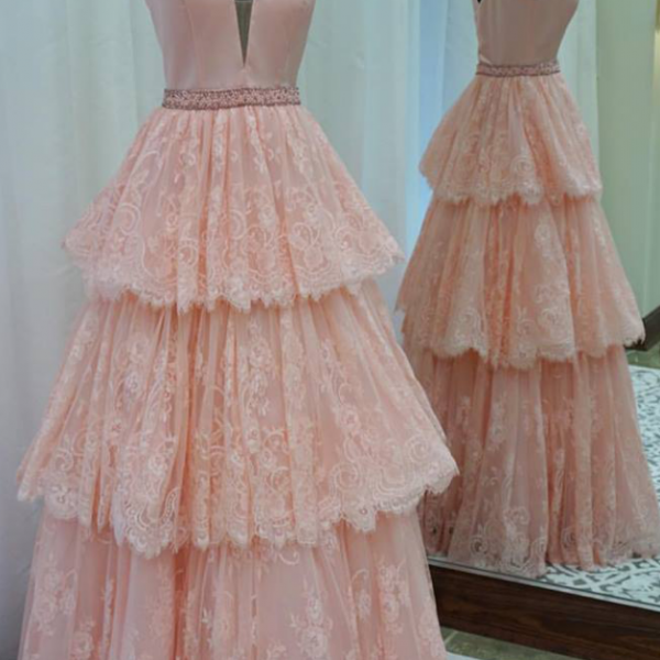 Elegant V-Neck Lace Top A-line Satin Dress Pearl Pink