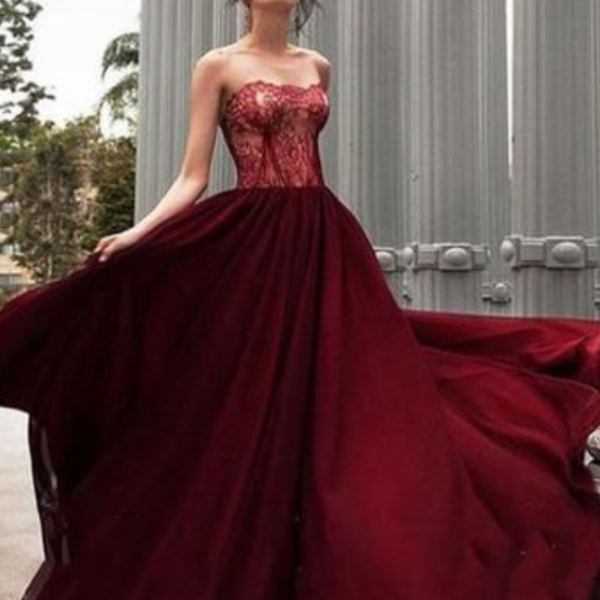 Glamorous A-line Strapless Burgundy Long Evening Dress With Lace,lace ...